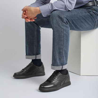 9-LIONS Casual Elevator Shoes For Men - Black Leather Raised Heel Shoes 6CM | 2.36 Inches